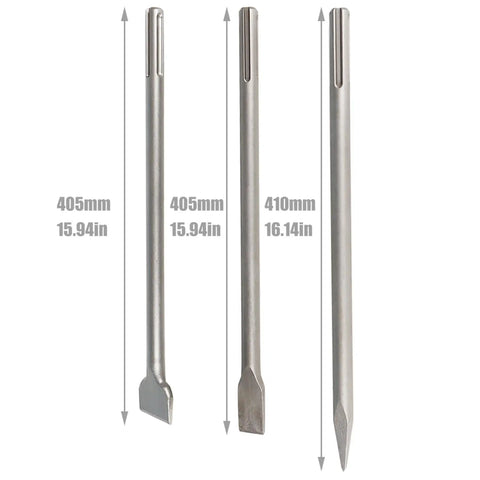 Beefy 16 Inch Heavy Duty Rotary Hammer Chisel Set, 3 Piece Flat, Point, And Scaling Chisels For Demolition