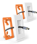 Straight Shooting Brush Cable Wall Plate With Sturdy Mounting Bracket To Neatly Tame Hdmi Coax Speaker Wire And Rj45 Ethernet For A Clean Cut Wall Finish, showing two white plates with orange brackets and cables.