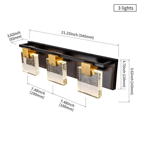 Black And Bronze Vanity Light With Square Bubble Crystal Panel Wall Mounted Sconce Three LED Lights 3000K Warm White 1200 Lumens