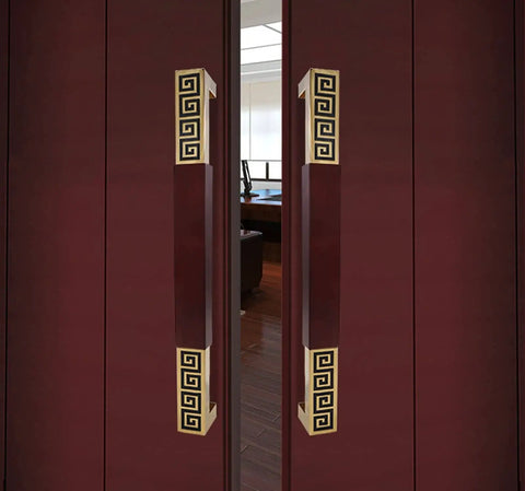 Heavy Duty Door Pull Handle Set For Public And Commercial Doors Back To Back Mounted, Wood And Stainless Steel Grip, Red And Gold