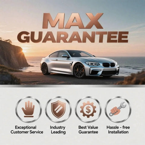 Car with ocean sunset, text 'Max Guarantee', icons for customer service, industry leading, value guarantee, hassle-free installation