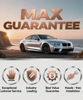 Silver sports car by the ocean with Max Guarantee text, showcasing benefits: exceptional service, industry leading, best value, hassle-free installation.