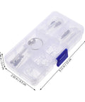 Clear plastic box containing Eyeglasses Repair Tool Kit With Screws, Mini Screwdrivers, and Replacement Nose Pads for Quick DIY Fixes.