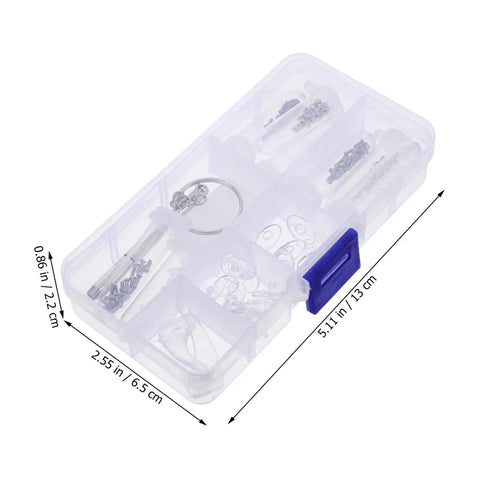 Clear plastic box containing Eyeglasses Repair Tool Kit With Screws, Mini Screwdrivers, and Replacement Nose Pads for Quick DIY Fixes.