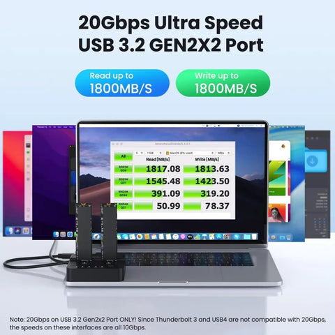 Dual Bay M.2 NVMe SSD Cloner Dock and Enclosure With USB 3.2 Gen 2X2 boasting 20gbps speeds connected to a laptop displaying speed test results.