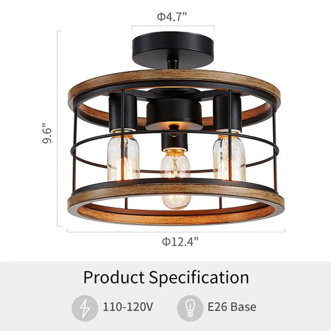 Vintage Farmhouse Semi Flush Mount Ceiling Light With Metal Cage, Industrial Style, Wood Grain Finish, Sturdy Black Metal Frame