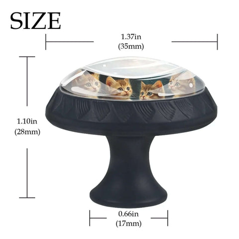 Funny Kittens Eat Pizza Galaxy Crystal Glass Cabinet Knobs Set 4 Pack Black ABS Drawer Pulls with cat design, dimensions visible