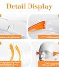 Detail display of Heavy Duty Anti Fog Safety Glasses 20 Pack showing nose bridge, sturdy hinges, temple tips, and field of view.