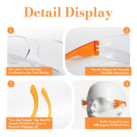 Detail display of Heavy Duty Anti Fog Safety Glasses 20 Pack showing nose bridge, sturdy hinges, temple tips, and field of view.