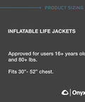 Product sizing for USCG Approved Inflatable Life Jacket for Adults Go To Auto Or Manual Inflation Green 30 To 52 Inch Chest