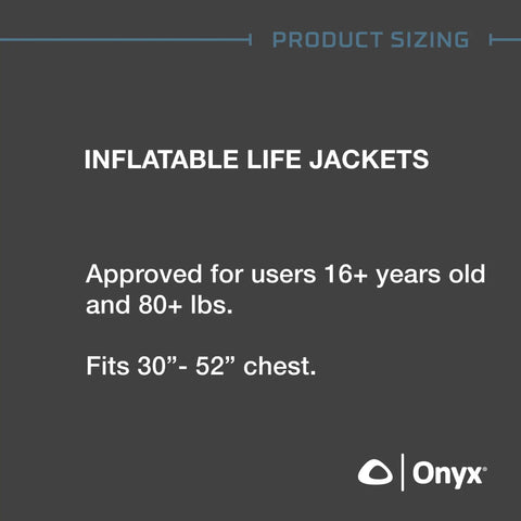 Product sizing for USCG Approved Inflatable Life Jacket for Adults Go To Auto Or Manual Inflation Green 30 To 52 Inch Chest