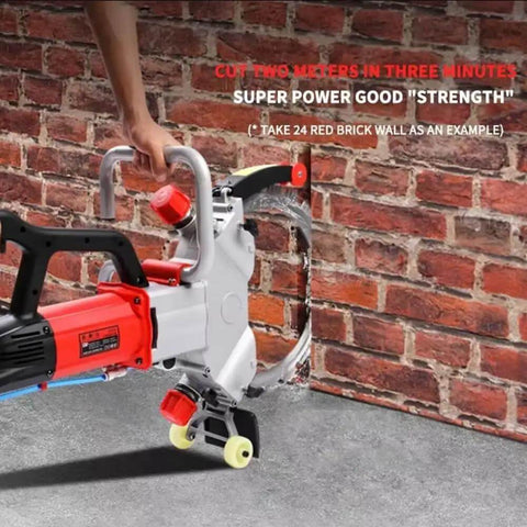 Ultra Heavy Duty Concrete Ring Saw With Pro Grade Brushless Motor And 270 Millimeter Deep Cut Capability For Masonry Wall Drilling And Demo Jobs Built To Go Hard Daily cutting through a brick wall.