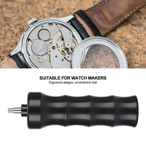 Precision Watch Crystal Removal Pro Grade Air Pump Tool With Ergonomic Grip and watch movement background