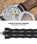 Ergonomic Watch Crystal Removal Air Pump For Safe Scratch Free Detachment From Cases tool beside open watch case.