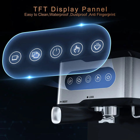 Kickstart Your Morning Hustle With This Sick Espresso Machine Pulling Smooth Shots And Rich Crema Using 20 Bar Pressure Combined With A Fast Milk Frother Sleek Digital Controls And A Roomy 50 Oz Removable Tank Made From Tough Stainless Steel - TFT display panel with touch controls for espresso machine.