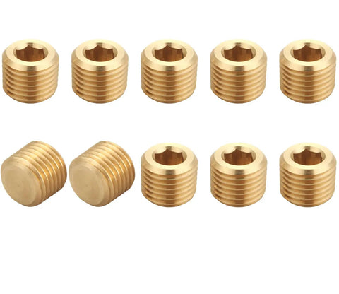 Brass Pipe Fitting Hex Countersunk Plug One Quarter Inch NPT Male Half Inch Outer Diameter Threads Ten Pack Easy Hex Drive