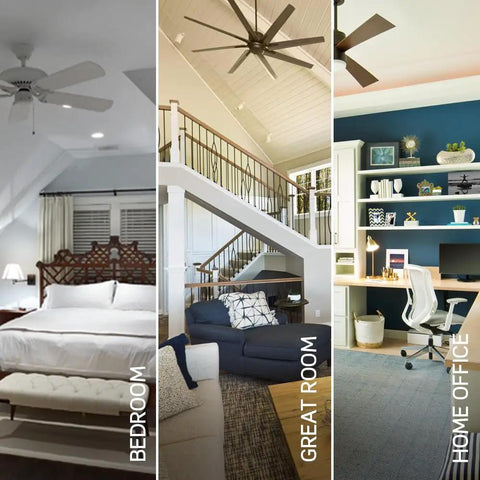 Quiet 3 Speed Ceiling Fan Wall Switch With Slider Control shown in bedroom, great room, and home office settings.