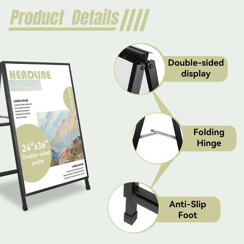 Double Sided A Frame Sign 24X36 Inch Heavy Duty Sandwich Board with double-sided display and anti-slip foot details