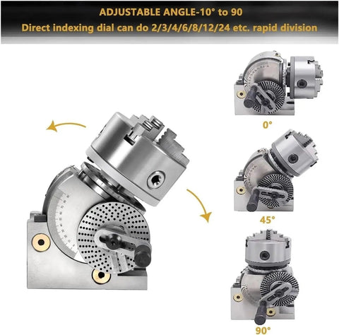 Hella Precise Beefy Five Inch Dividing Head shows adjustable angles from 0° to 90° with direct indexing for CNC machining.