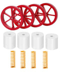 Metal Hand Twist Bed Leveling Nuts Set With Heatbed Silicone Leveling Columns Mount Buffers For Ender 3 V2 Pro CR 10S Pro CR 10 V2 Mini Ender 5 Plus 3D Printer No Fuss Install and Solid Bed Leveling showing red aluminum nuts, white silicone and yellow springs