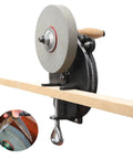 Hand Crank Kitchen Knife And Garden Tool Sharpener No Sweat Mount Quick Polish Grinder Six Inch Manual Machine Fast Edge Restoration For Razor Sharp Results mounted on wood.