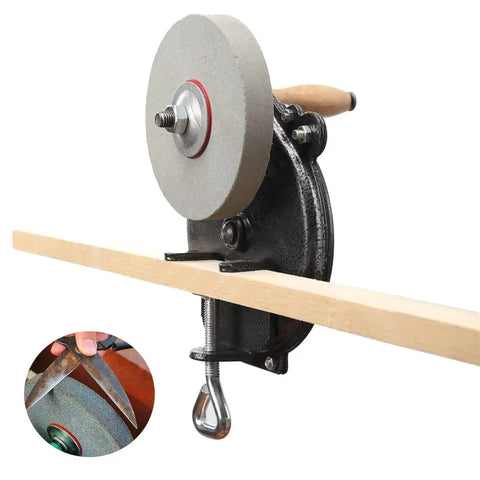Hand Crank Kitchen Knife And Garden Tool Sharpener No Sweat Mount Quick Polish Grinder Six Inch Manual Machine Fast Edge Restoration For Razor Sharp Results mounted on wood.