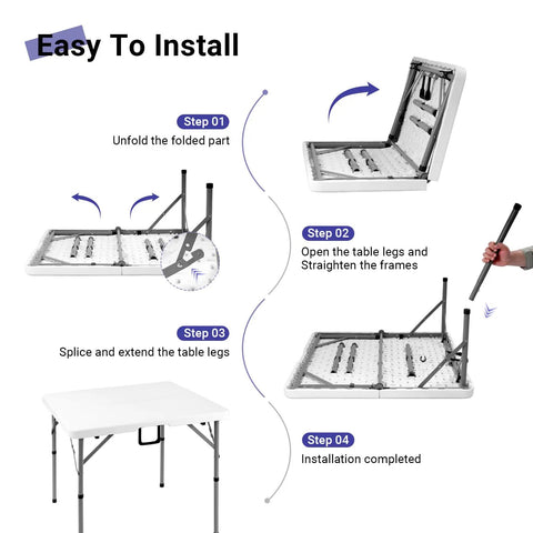 Instructional diagram for 34 Inch Folding Square Card Table Portable Heavy Duty HDPE Fold In Half With Carrying Handle