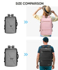 Image showing size comparison of small pink and large black backpack worn by models. Sturdy Unisex Travel Backpack For Laptop, Carry-On Size With 40L Expandable To 48L, Perfect For Work, Weekend Trips, Casual Hikes, Fits Men And Women, Black.