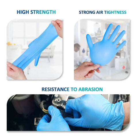 Heavy Duty Nitrile Disposable Gloves 4 Mil Thick, 100 Count, being stretched, inflated, and used in automotive work