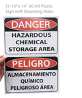 Hazardous Chemical Storage Area Sign Bilingual English Spanish Authorized Personnel Only OSHA 10x14 Inch Tough 80mil Plastic For Cabinets Containers Bins And Fencing, front view