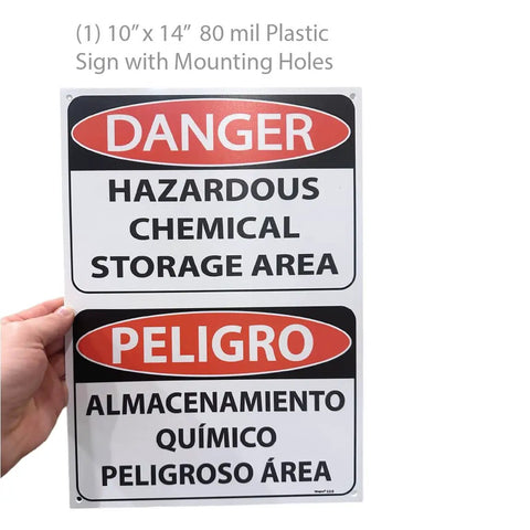 Hazardous Chemical Storage Area Sign Bilingual English Spanish Authorized Personnel Only OSHA 10x14 Inch Tough 80mil Plastic For Cabinets Containers Bins And Fencing, front view