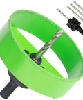 Close-up of Four And A Quarter Inch Carbide Hole Saw With Arbor For Recessed Lights Pro Grade Tough As Nails Long Life Edge, green color.