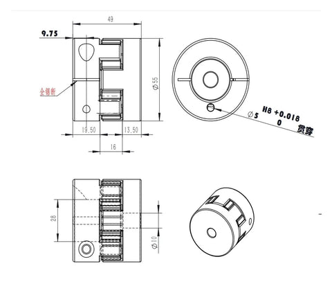 Heavy Duty Plum Flex Shaft Coupling for DIY CNC Encoder Projects Made From Solid Aluminum Alloy With Anodized Finish, technical drawing.
