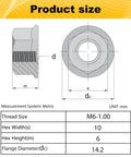 Product size chart for 55 Pack M6 Serrated Flange Hex Nuts M6 1 Mm Hexagon Flange Nuts 304 Stainless Steel Metric Fasteners