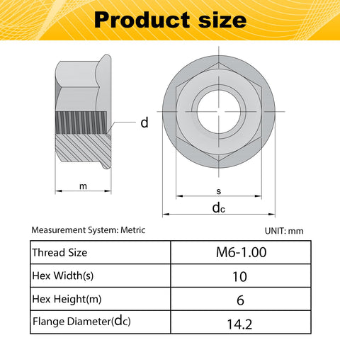 Product size chart for 55 Pack M6 Serrated Flange Hex Nuts M6 1 Mm Hexagon Flange Nuts 304 Stainless Steel Metric Fasteners
