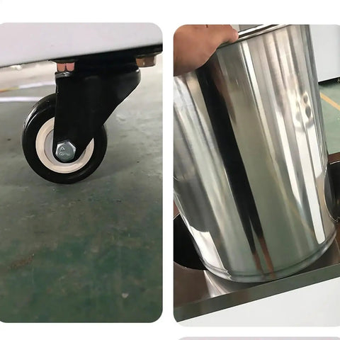 Massive Upright Freezer, Deep Freeze Cold Storage With Slick Casters And Tight Seal Lid For Home Basement Or Apartment close-up of caster wheel and stainless steel bucket.