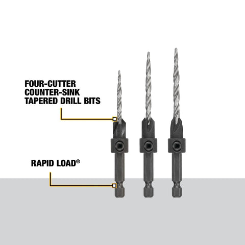 DEWALT countersink drill bit set, 3-piece, sizes #6, #8, #10.