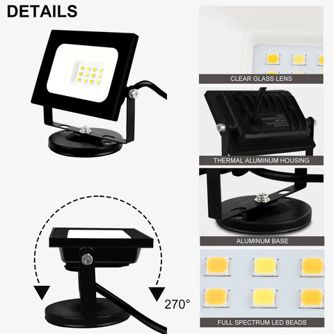 Details of LED Spot Light Indoor 2 Pack with 120V Accent Uplight, featuring clear glass lens and aluminum base for plant lighting.