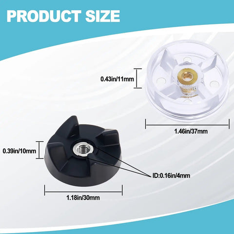 Product size diagram for 4 Pack MB1001 Blender Gear Replacement Set showing plastic motor and rubber under blade gears.
