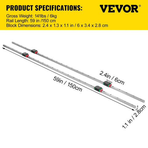 Two 59-inch aluminum linear guide rails with four square carriage blocks VEVOR