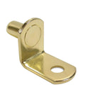 Flat Out Strong 1/4 Inch L Shaped Shelf Support Pins With Hole In Sleek Brass Finish For Cabinets And Bookshelves Heavy Duty Woodworking Pegs 25 Pack showing L-shaped brass shelf pin.