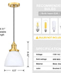 Specifications of Three Pack Hanging Kitchen Island Pendant Lights in Gold with Frosted Glass Shade, showing adjustable length and bulb type.