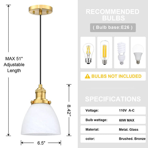 Specifications of Three Pack Hanging Kitchen Island Pendant Lights in Gold with Frosted Glass Shade, showing adjustable length and bulb type.