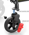 Close-up of the wheel and anti-shock spring of the Foldable Wagon For Two Kids And Cargo With Adjustable Telescoping Handle