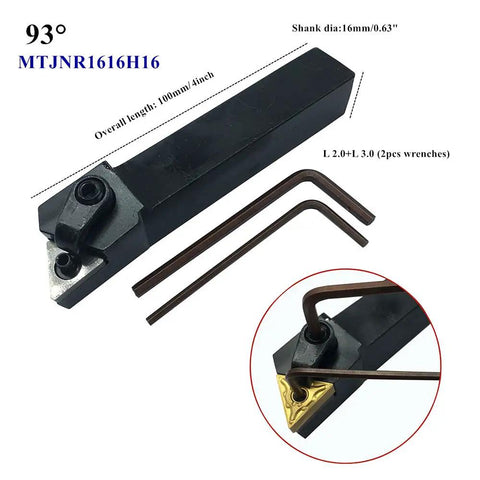 Complete 3-Piece CNC Lathe Excircle Indexable Carbide Turning Tool Holder Bit Set With MTJNR1616H16 MWLNR1616H08 S16Q-MWLNR08 Inserts Including TNMG331 And WNMG431 Carbide Inserts, Durable 40Cr Forged Housing For Steel Cast Iron And Nonferrous showing MTJNR1616H16 tool holder with two hex wrenches.