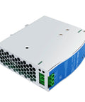 Dual Output 24V DC Power Supply 120W 100-240VAC Input 24V 5A Switch Mode Converter Din Rail Mount Blue Finish Solid Pick For Control Panels And Industrial Projects 10 Pack, angled view
