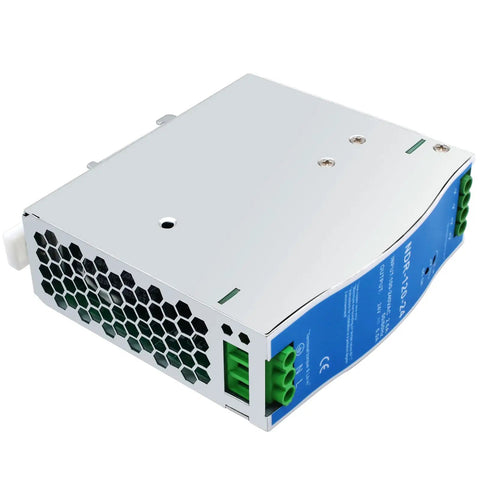 Dual Output 24V DC Power Supply 120W 100-240VAC Input 24V 5A Switch Mode Converter Din Rail Mount Blue Finish Solid Pick For Control Panels And Industrial Projects 10 Pack, angled view