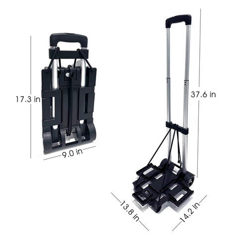 Extendable Car Seat Travel Cart For Airports with folding stowable base plate and smooth wheels, shown folded and extended
