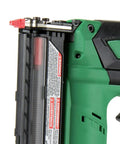 Close-up of 18V Cordless Pin Nailer Tool Only No Battery 23 Gauge Drives 5/8 Inch To 1 3/8 Inch Pins with green handle.