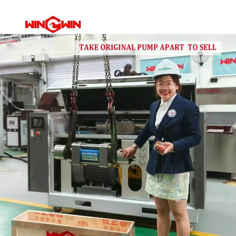 OHDOHD 5200515 high-pressure waterjet intensifier pump on cutting machine; front view with blue motor.